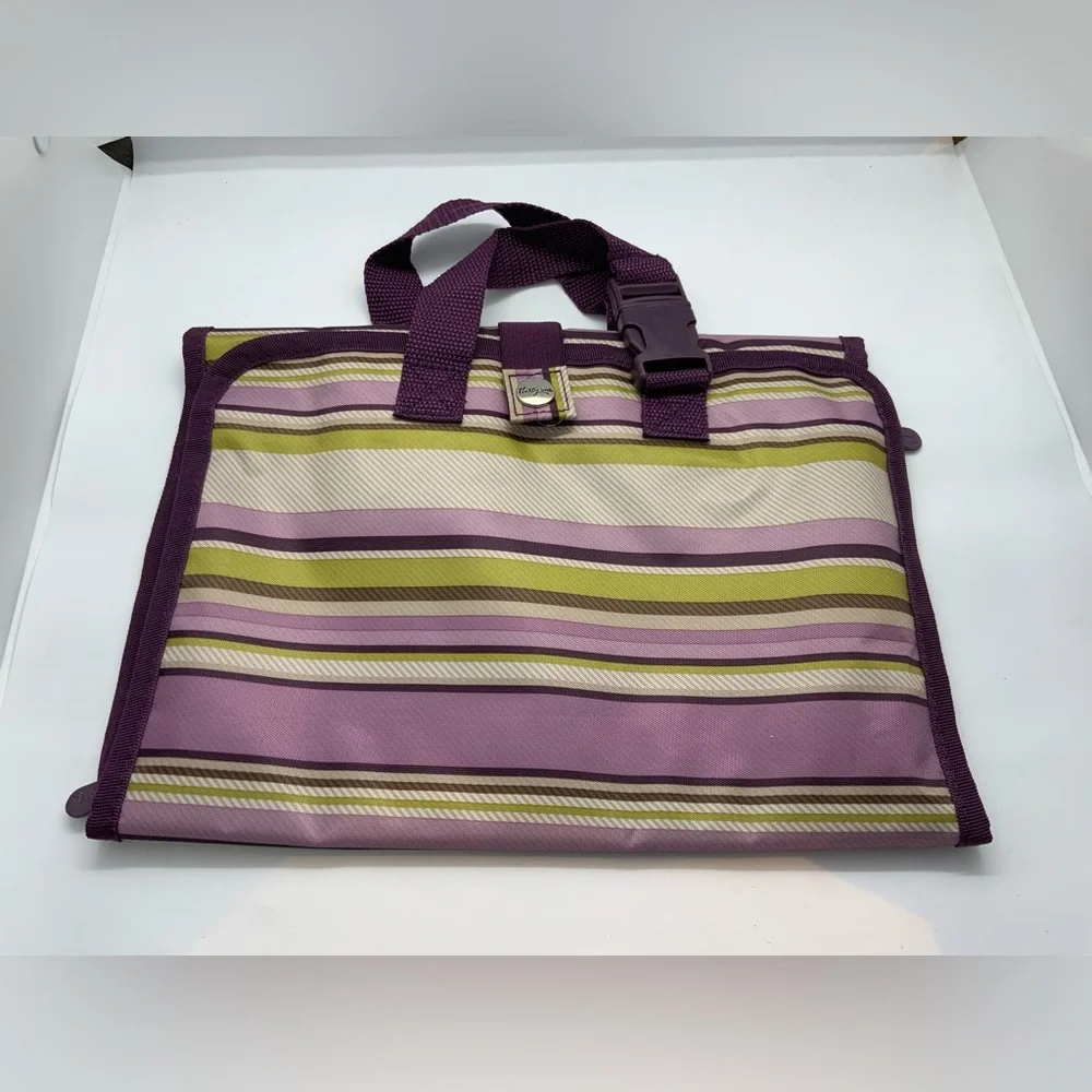Thirty-One Pink and Green Striped hanging makeup bag snap closure